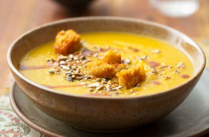 Spiced sweet potato soup with garlicky croutons