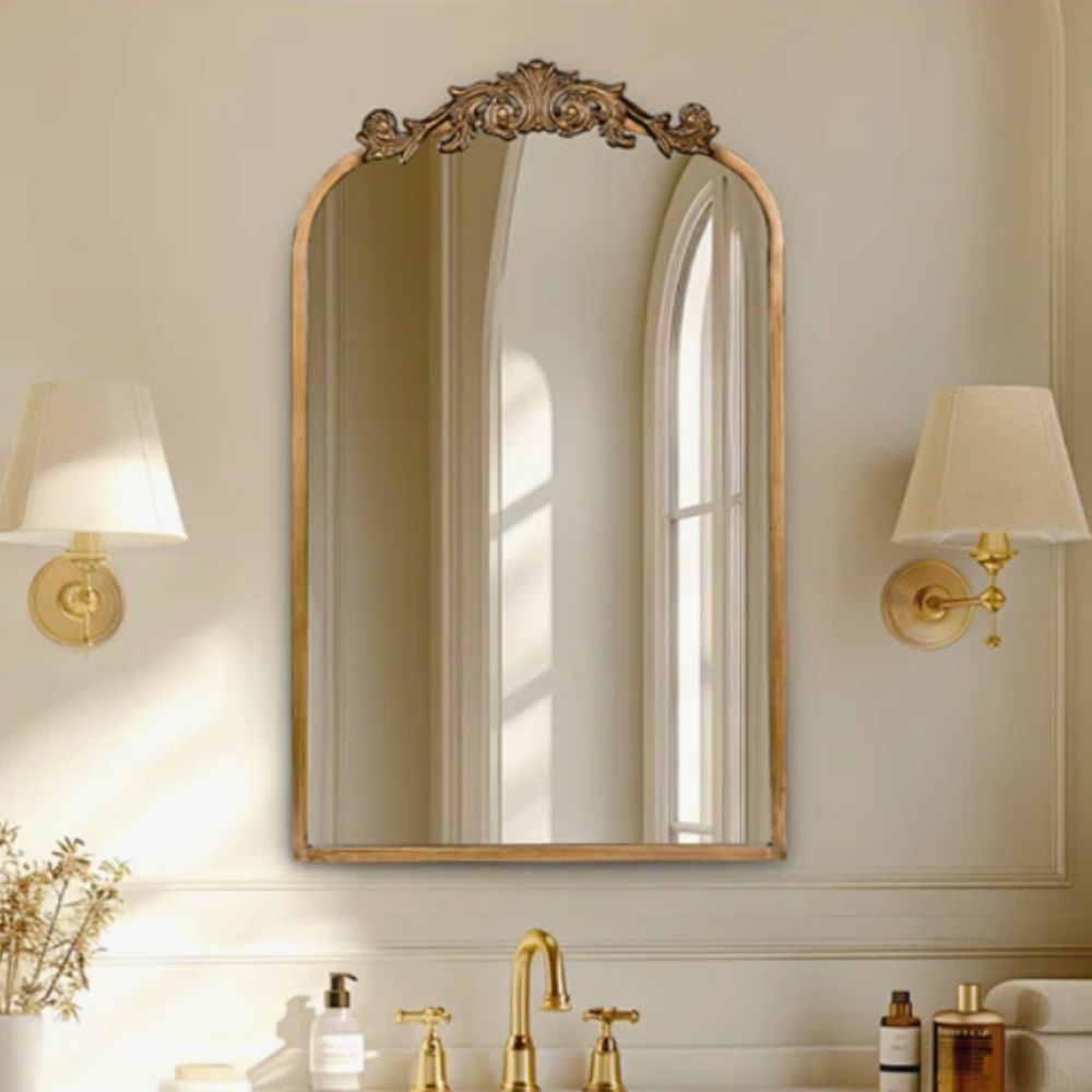 Gold ornate arched bathroom mirror