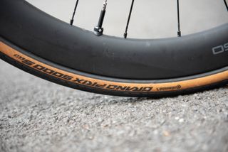 A close up of the tyre sidewall on Michal Kwiatkowski's Pinarello Dogma F