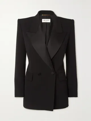 Saint Laurent, Double-breasted satin-trimmed grain de poudre wool blazer