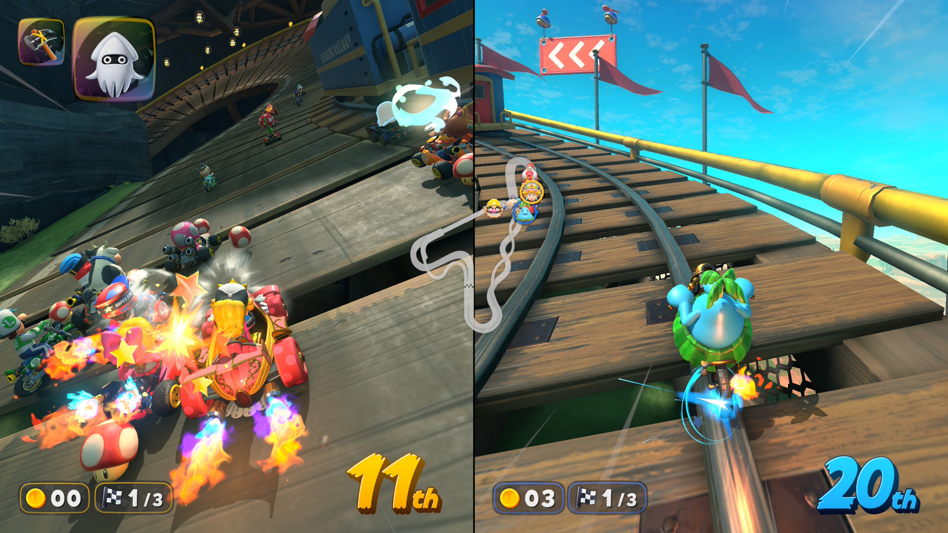 Two players race through Whistlestop Summit in Mario Kart World