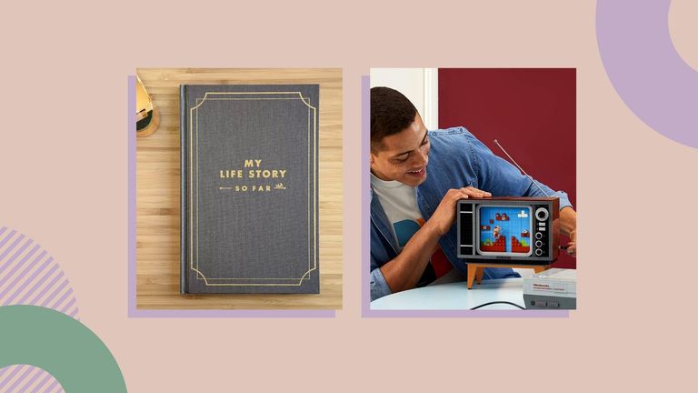 the best 40th birthday gift ideas feature a writing journal and a LEGO Nintendo set upon a peachy background