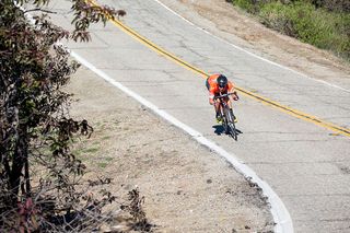 New recruit and top American sprinter Erica Allar carves down a descent near Malibu.