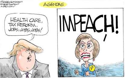 Political cartoon U.S. Trump Pelosi Democrats tax reform health care impeachment