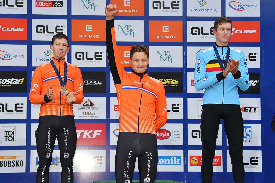 The men's elite podium at the European Cyclo-cross Championships