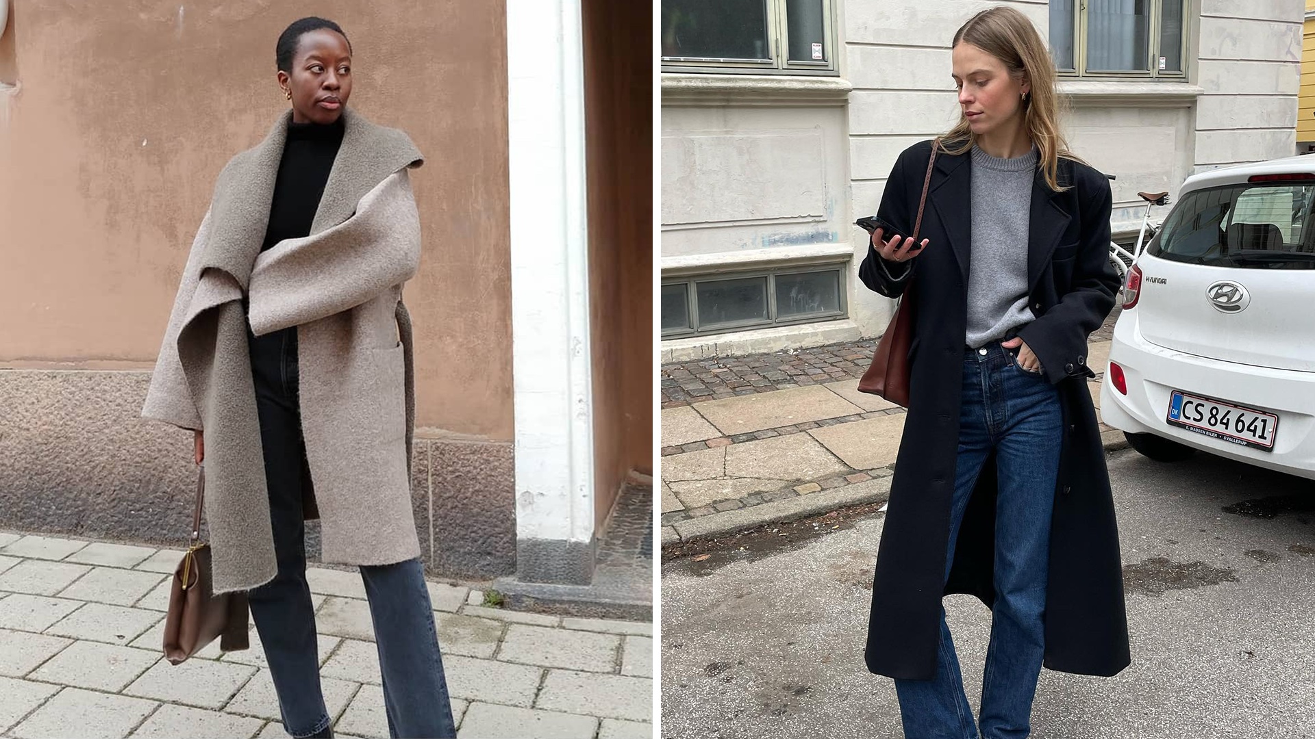 fashion collage of two European style influencers Sylvie Mus and Clara Dyrhauge wearing chic 2026 outfits with coats, sweaters, and jeans 