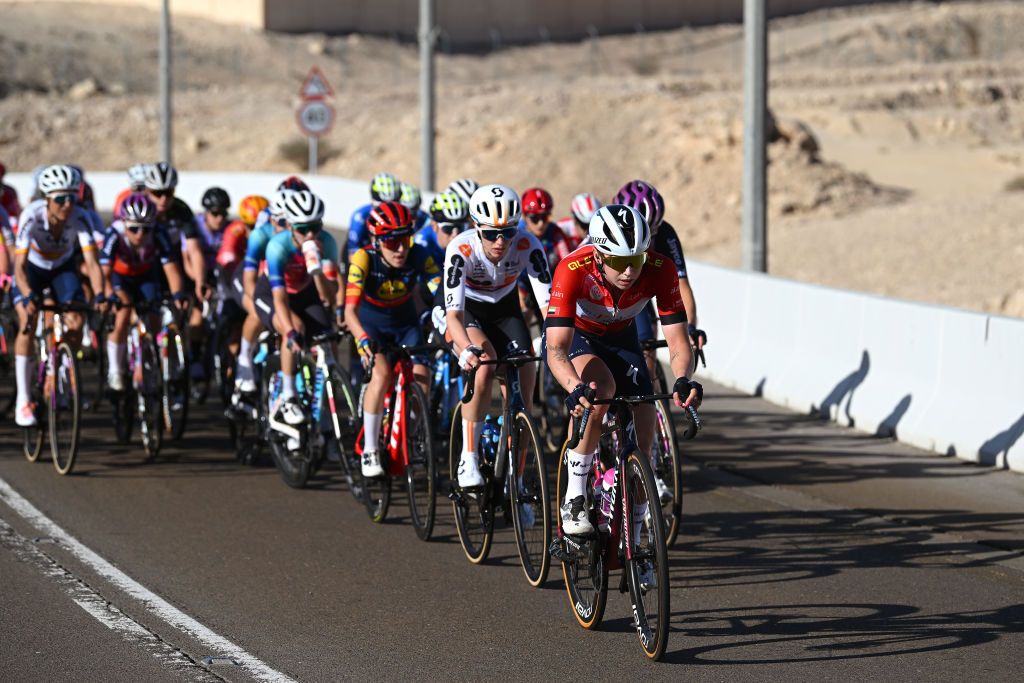 Leader into the stage Lorena Wiebes (SD Worx-ProTime) leads the peloton climbing to Jebel Hafeet