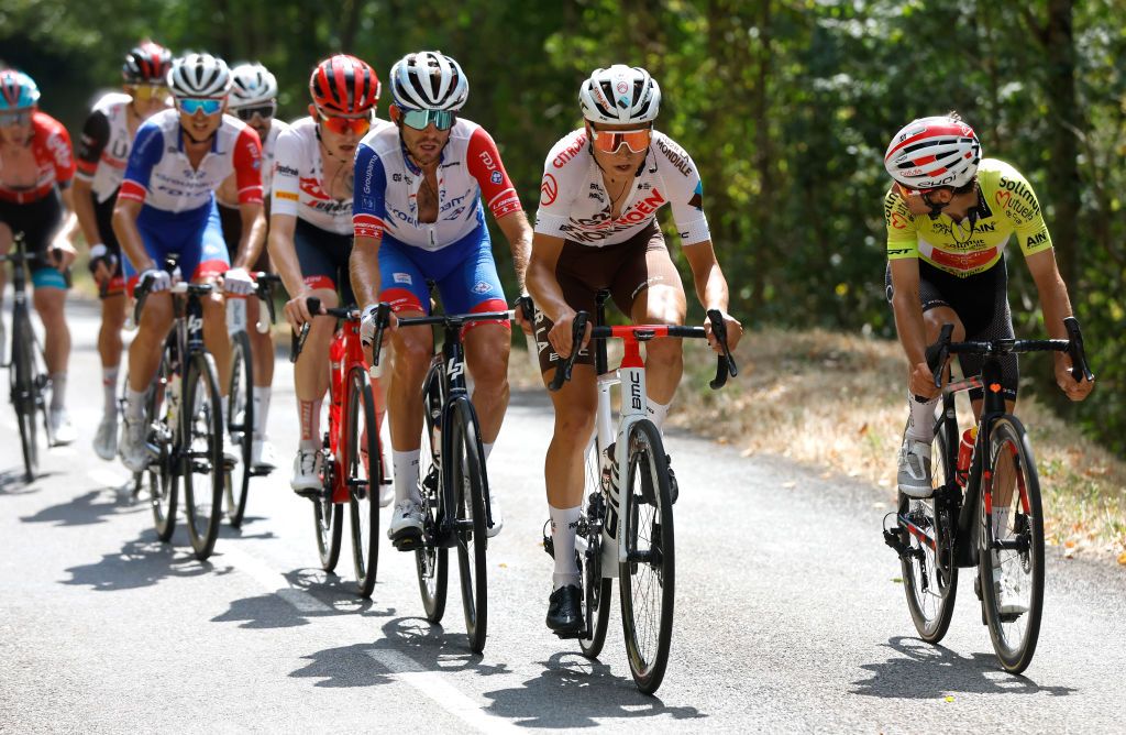 LLEX FRANCE AUGUST 11 LR Sbastien Reichenbach of Switzerland and Team Groupama FDJ Jaakko Hnninen of Finland and Ag2R Citroen Team and Guillaume Martin of France and Team Cofidis Yellow Leader Jersey compete during the 34th Tour de lAin 2022 Stage 3 a 131km stage from Plateau dHauteville to Llex 904m TDA22 on August 11 2022 in Llex France Photo by Bas CzerwinskiGetty Images