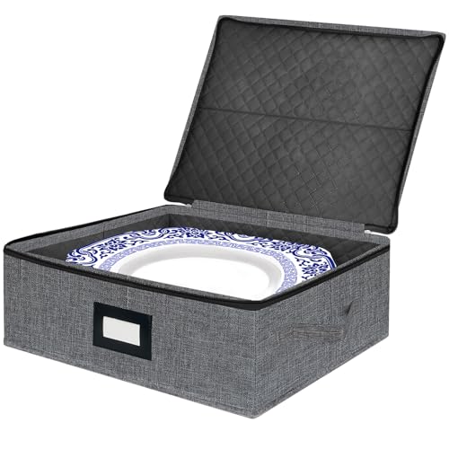 Platter Storage Case - Stackable China Storage Containers Hard Shell With Durable Zipper & Label & Sturdy Handles, 5.3” Height, Structured Top, 4 Felt Dividers Included (dark Gray)