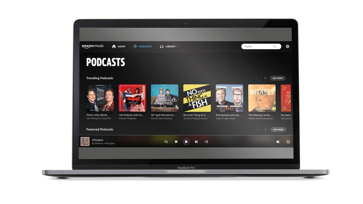 A laptop on a white background running the Amazon Music Unlimited app