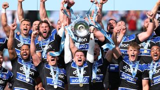 Bath Rugby players celebrating winning the Gallagher Premiership Rugby Final against Leicester Tigers.