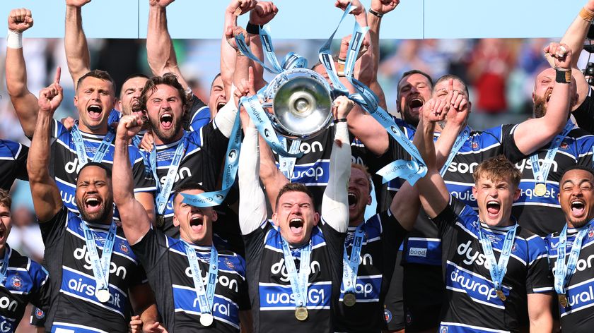 Bath Rugby players celebrating winning the Gallagher Premiership Rugby Final against Leicester Tigers.