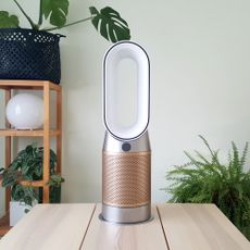 The Dyson Purifier Hot + Cool Formaldehyde HP09 Fan Heater on a wooden table in a room with houseplants