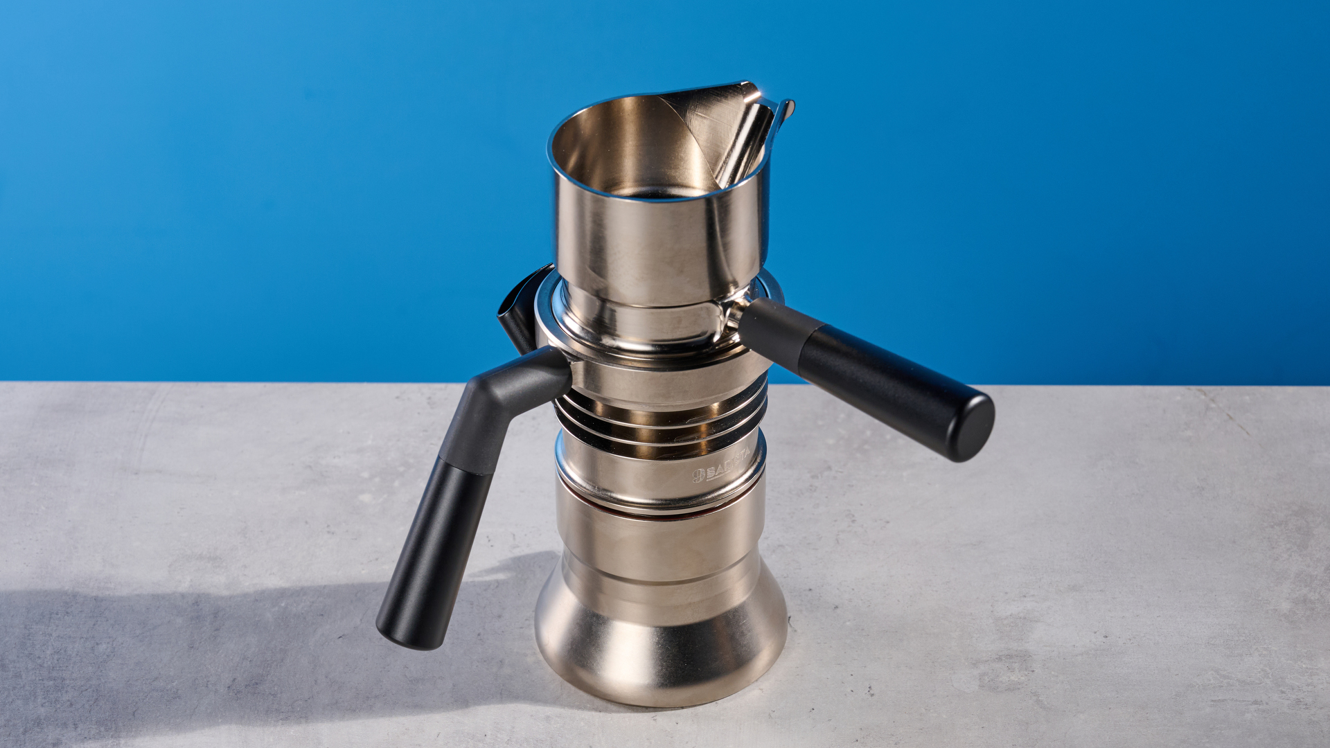 A photo of the 9Barista Espresso Machine Mk.2 against a blue background