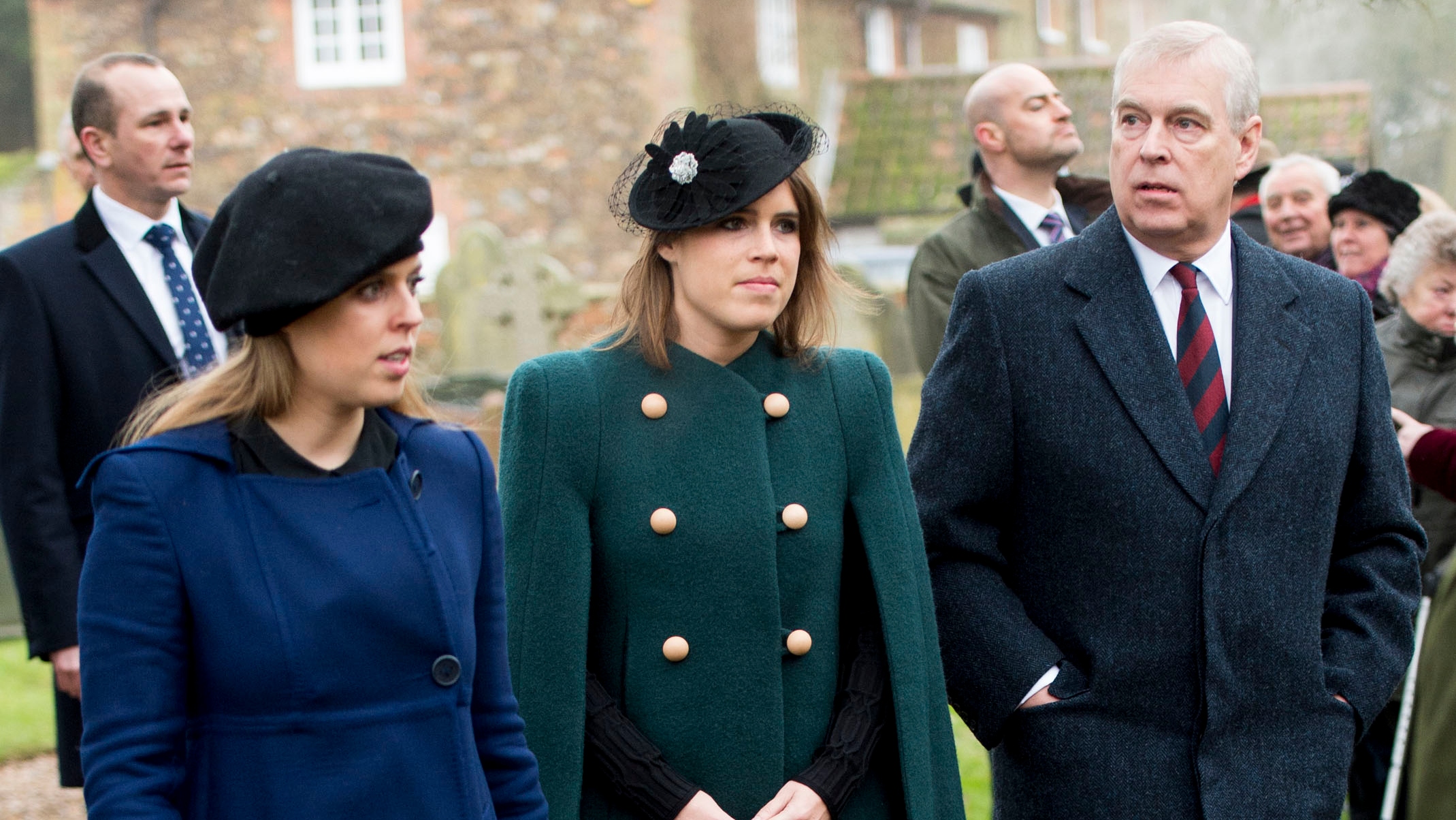 Princess Eugenie and Princess Beatrice and Andrew arrive at St Lawrence Church on January 21, 2018