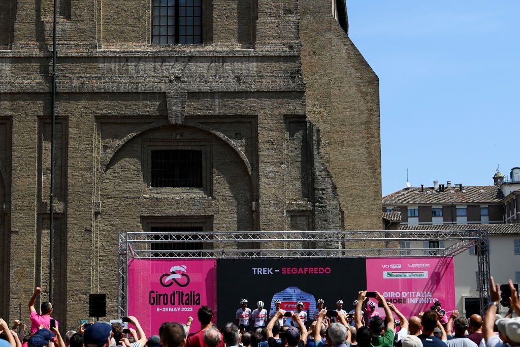 GENOA ITALY MAY 19 A general view of Giulio Ciccone of Italy Dario Cataldo of Italy Mattias Skjelmose Jensen of Denmark Juan Pedro Lpez of Spain pink leader jersey Bauke Mollema of Netherlands Jacopo Mosca of Italy Edward Theuns of Belgium Otto Vergaerde of Belgium and Team Trek Segafredo during the team presentation prior to the 105th Giro dItalia 2022 Stage 12 a 204km stage from Parma to Genova Giro WorldTour on May 19 2022 in Genoa Italy Photo by Tim de WaeleGetty Images