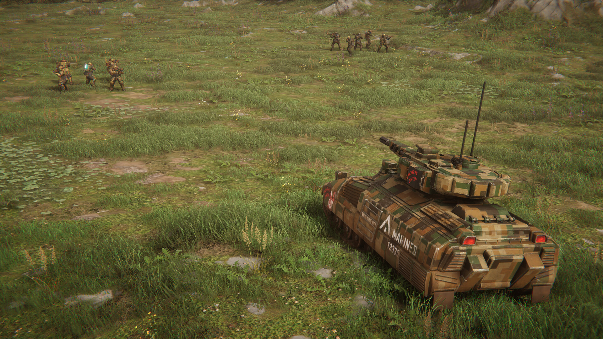 Menace screenshot showing a tank behind two squads on a grassy field