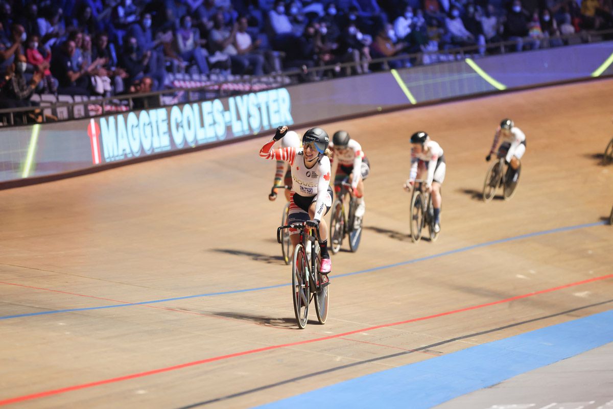 Picture by Alex Whitehead/SWpix.com - 06/11/2021 - Cycling - UCI Track Champions League Round 1 - Mallorca / Vel&Atilde;&sup2;drom Illes Balears, Palma, Spain - Canada's Maggie Coles-Lyster celebrates winning the women's scratch race.