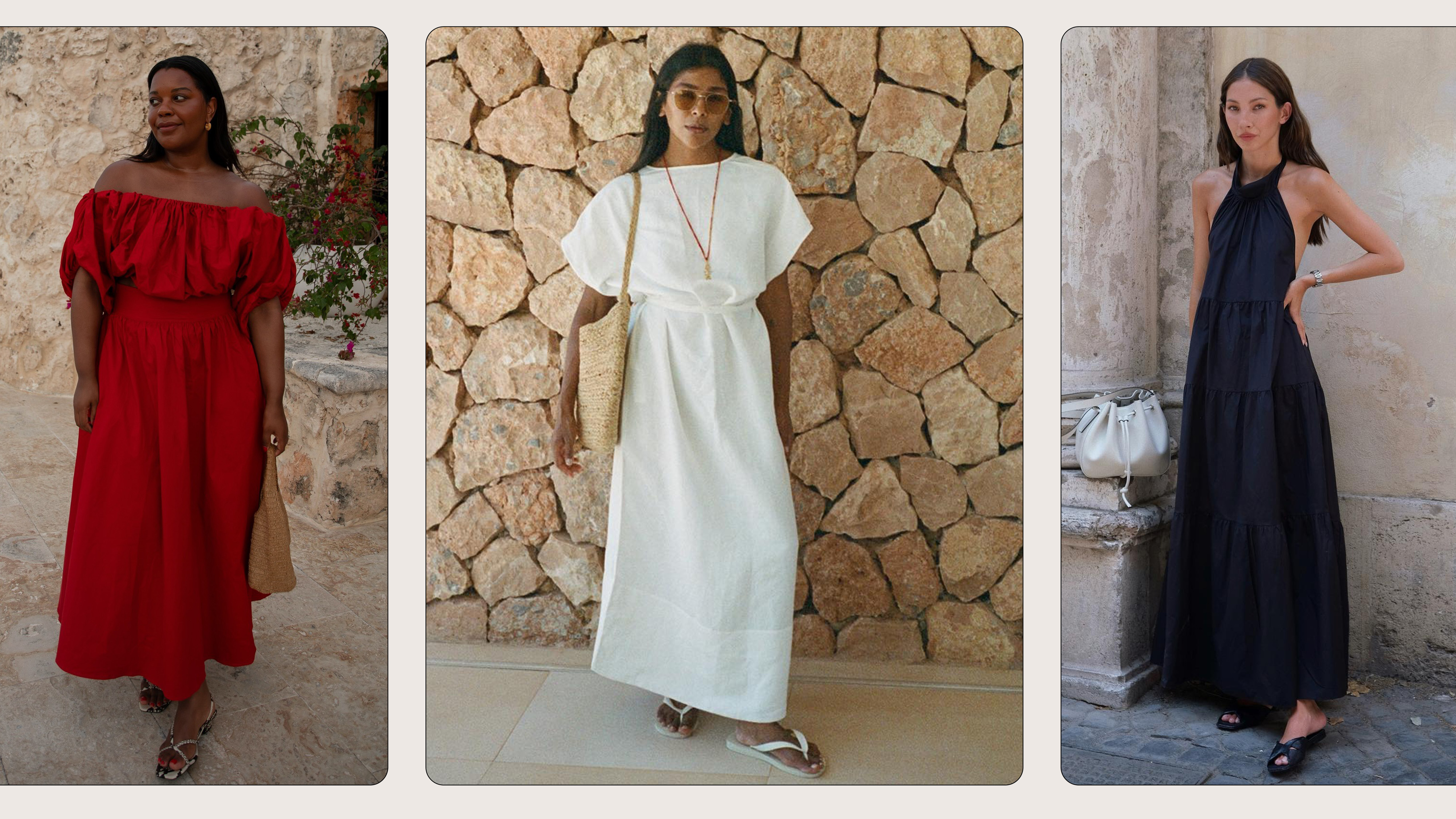 Collage of women wearing linen summer dresses.