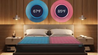 Chilipad by Sleepme on bed with blue half and red half showing dual temperature control