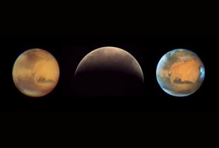 Three views of Mars, one by an amateur astronomer, another from Mars Express at Mars, and a third from the Hubble Space Telescope