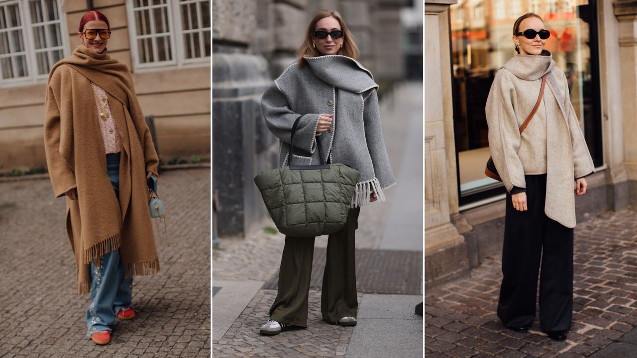 split image of copenhagen fashion week fall winter 2024 wearing scarf coats 