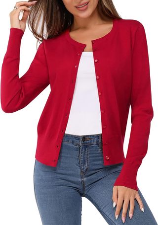 Newshows Women's 2024 Fall Lightweight Button Down Long Sleeve Casual Crew Neck Soft Knit Fall Cardigan Sweater Tops(purplish Red,medium)