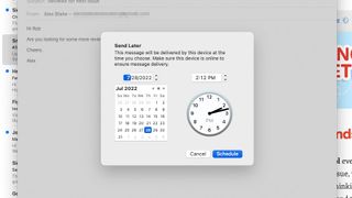 The 'send later' dialog box in the Mail app in macOS Ventura.