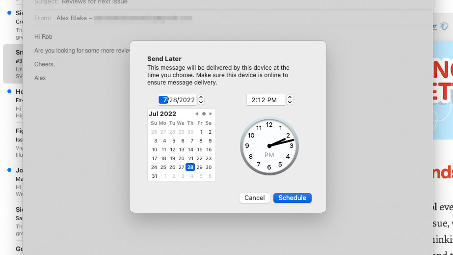 The 'send later' dialog box in the Mail app in macOS Ventura.