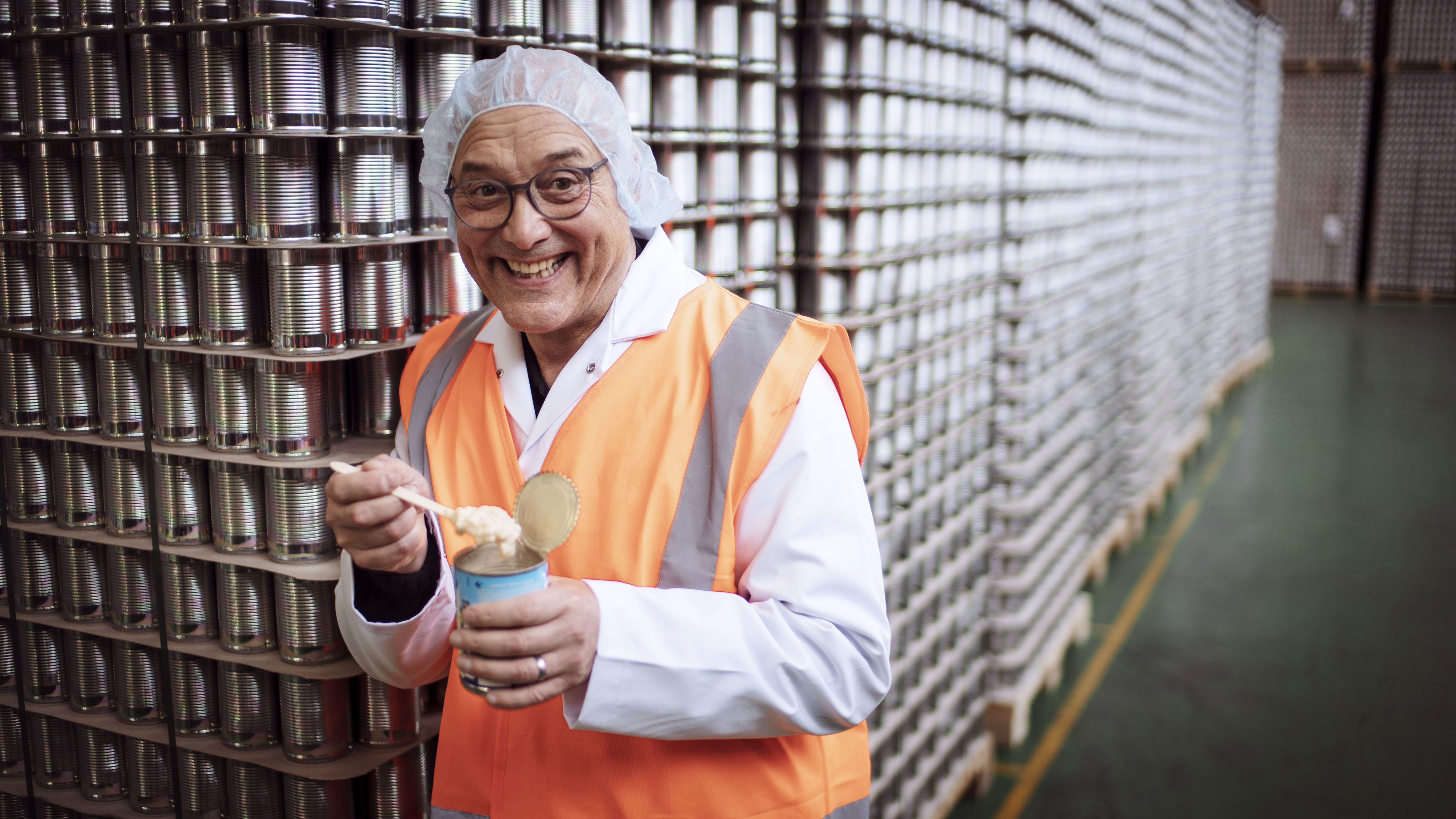 Gregg Wallace visiting a rice pudding factory