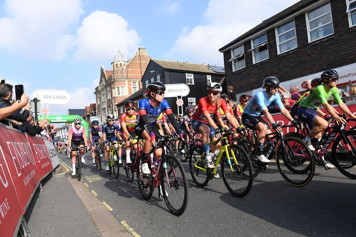 Picture by Simon Wilkinson/SWpix.com - 07/10/2021 - Cycling - AJ Bell Women's Tour of Britain - Stage Six: Haverhill to Felixstowe, England - Demi Vollering (genral classification leader) of Team SD Worx, Nina Kessler (sprint classification leader) of Team TIBCO Silicon Valley rolling off from the start of stage six