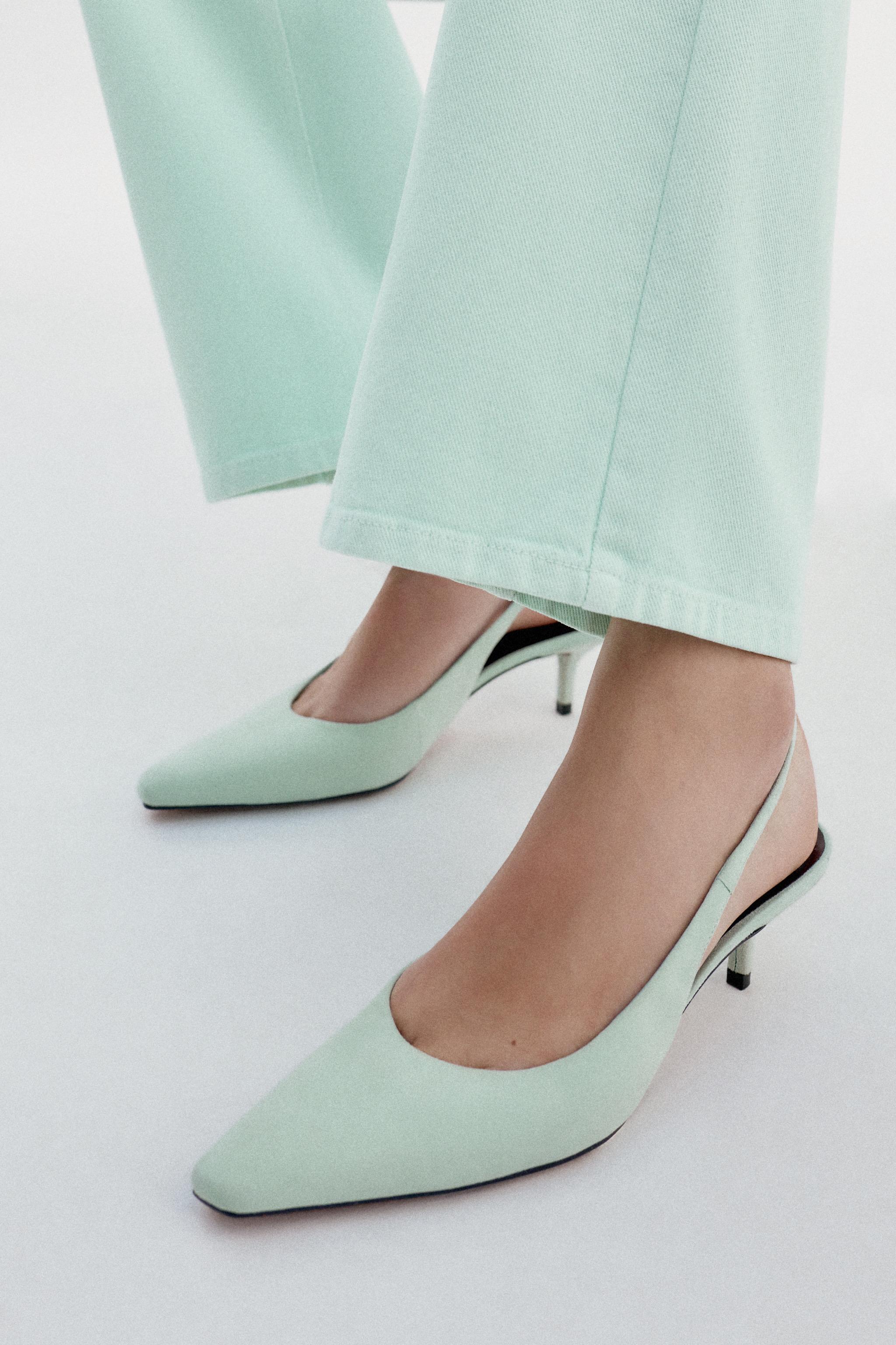 Suede Kitten Heel Shoes - Mint Green - 5