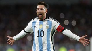 BUENOS AIRES, ARGENTINA - SEPTEMBER 07: Lionel Messi of Argentina celebrates after scoring the team's first goal during the FIFA World Cup 2026 Qualifier match between Argentina and Ecuador at Estadio Más Monumental Antonio Vespucio Liberti on September 07, 2023 in Buenos Aires, Argentina. (Photo by Daniel Jayo/Getty Images)