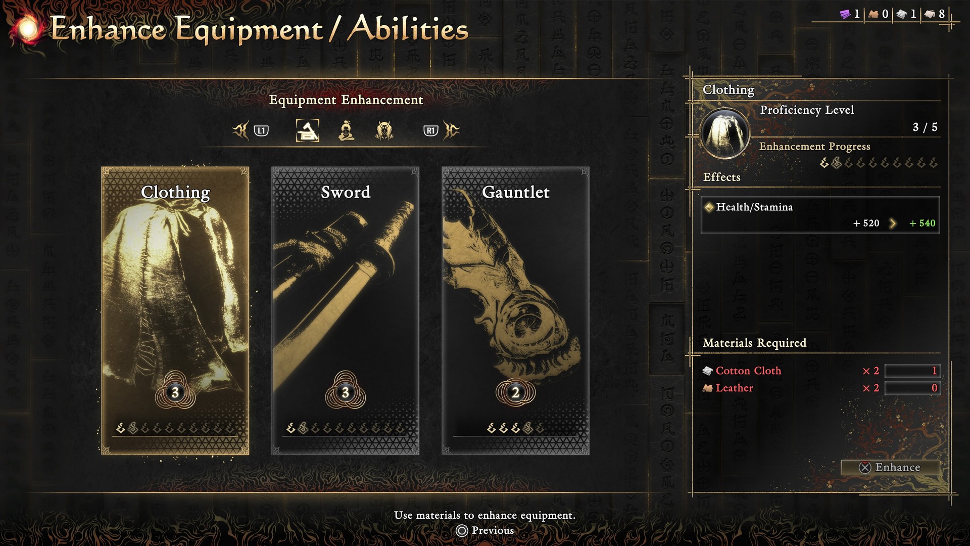 The Enhance Equipment / Abilities menu in Onimusha: Way of the Sword with options for Clothing, Sword, and Gauntlet