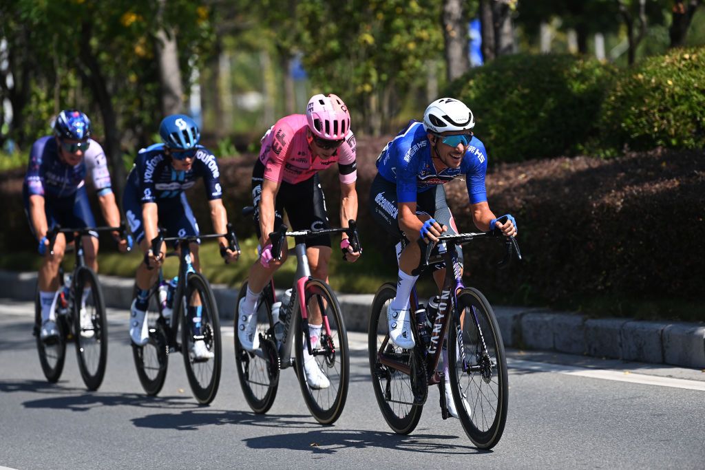 GUILIN CHINA OCTOBER 17 LR Jens Reynders of Belgium and Team IsraelPremier Tech Oscar Onley of Great Britain and Team DSMFirmenich Jens Keukeleire of Belgium and Team EF EducationEasypost and Dries De Bondt of Belgium and Team AlpecinDeceuninck Blue Sprint Jersey compete in the breakaway during the 4th GreeTour of Guangxi 2023 Stage 6 a 1683km stage from Guilin to Guilin UCIWT on October 17 2023 in Guilin China Photo by Tim de WaeleGetty Images