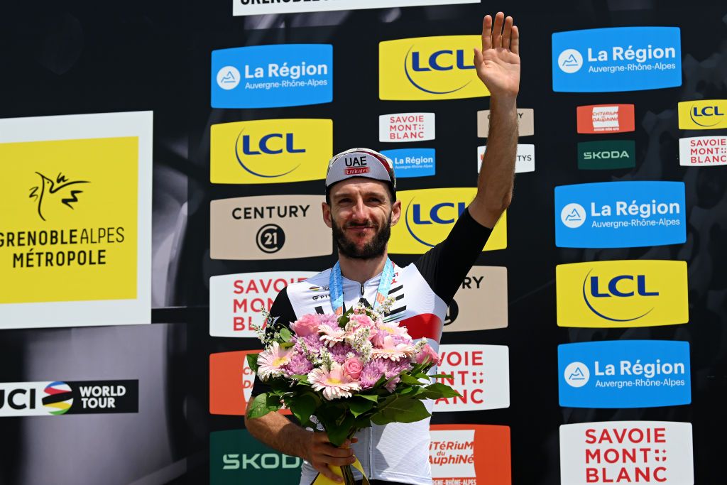 Adam Yates celebrates his runner&#039;s-up spot at the 2023 Critérium du Dauphiné