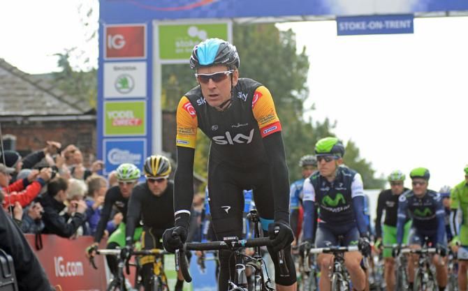 Bradley Wiggins (Sky) leads the bunch out at the start