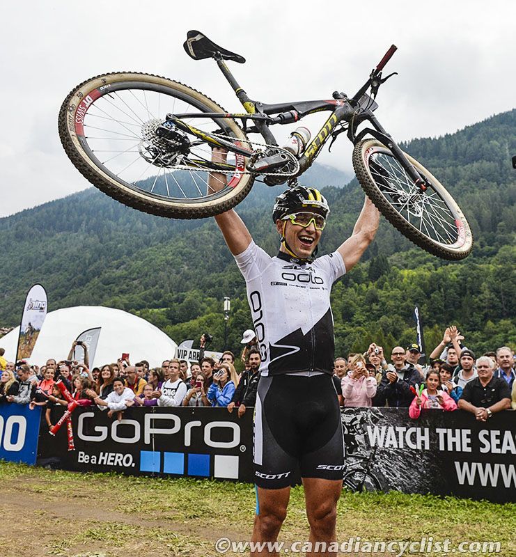 Nino Schurter (Scott-Odlo MTB Racing Team) celebrates winning the final World Cup and the overall win