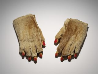 Fur Gloves With Wooden Fingers, 1936, by Meret Oppenheim, fur gloves, wooden fingers, nail polish. © DACS 2019. Courtesy of the Ursula Hauser Collection, Switzerland.