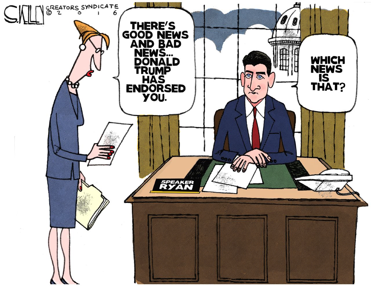 Political cartoon U.S. Donald Trump Paul Ryan endorsement good bad news