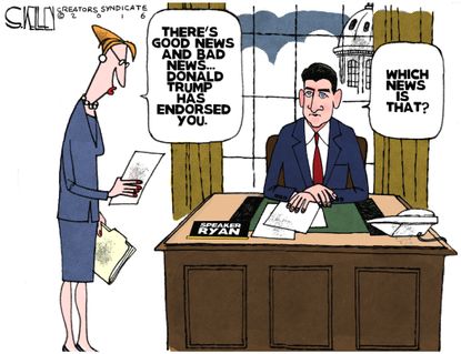 Political cartoon U.S. Donald Trump Paul Ryan endorsement good bad news