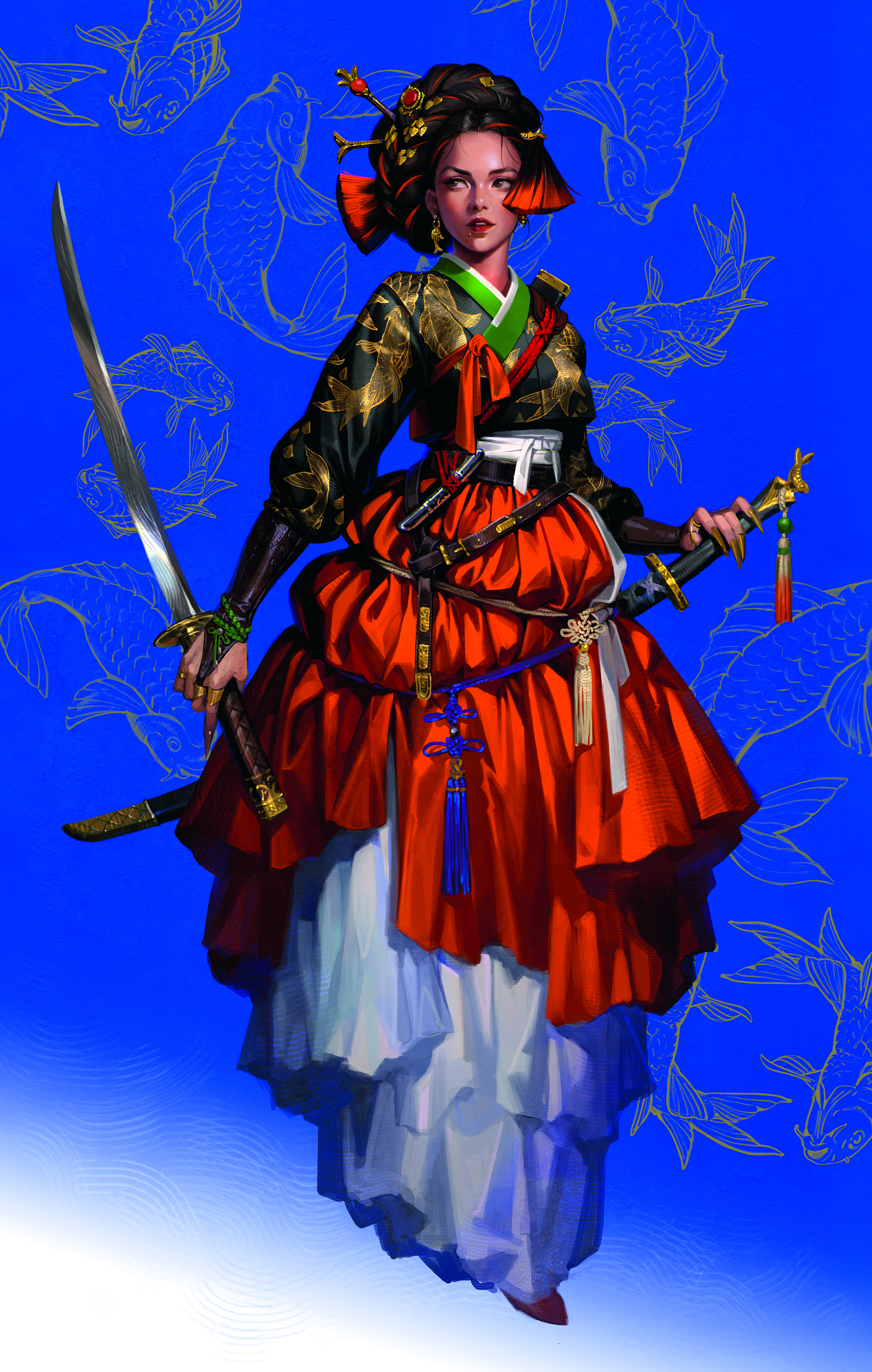 Colourful digital art showing a woman dressed in traditional Korean costume