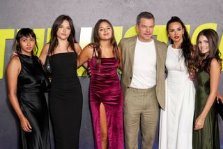 Alexia Barroso, Isabella Damon, Gia Damon, Matt Damon, Luciana Barroso and Stella Damon at "The Instigators" New York Premiere at Jazz at Lincoln Center on July 31, 2024 in New York City