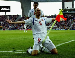 Jan Koller celebrates after scoring for the Czech Republic against Denmark at Euro 2004.