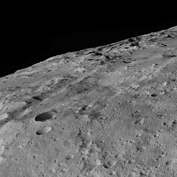 The surface of the dwarf planet Ceres, taken by NASA&#039;s Dawn spacecraft on December 10, shows an area in the southern mid-latitudes, around a crater chain called Gerber Catena