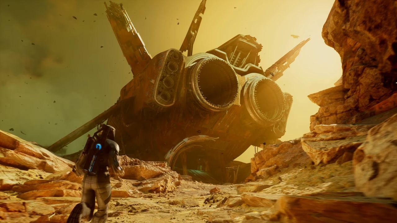 Exodus player approaching downed spacecraft