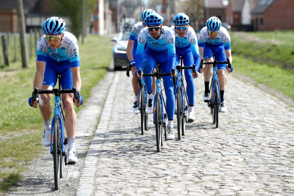 ROUBAIX FRANCE APRIL 14 Luke Durbridge of Australia Luka Mezgec of Slovenia and Team Bikeexchange Jayco with teammates train during the 119th ParisRoubaix 2022 Training ParisRoubaix WorldTour on April 14 2022 in Roubaix France Photo by Bas CzerwinskiGetty Images