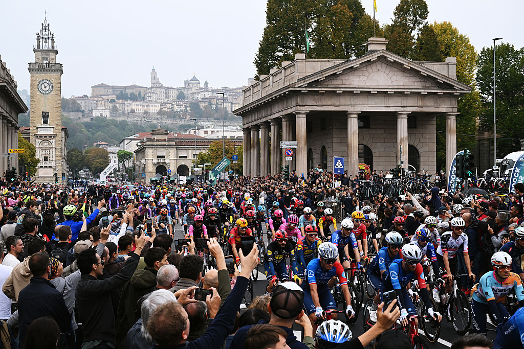BERGAMO, ITALY - OCTOBER 10: A general view of the peloton prior to the 120th Il Lombardia 2026 a 239km from / #UCIWT / Bergamo to Como on October 10, 2026 in Bergamo, Italy. (Photo by Dario Belingheri/Getty Images)