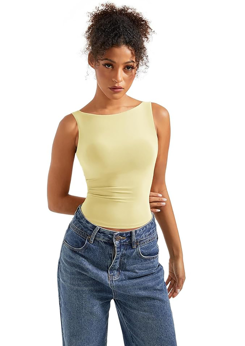 SUUKSESS, Suuksess Women Built in Bra Open Back Boat Neck Tank Tops Double Lined Backless Y2k Going Out Top Basic Shirt (butter Yellow,m)