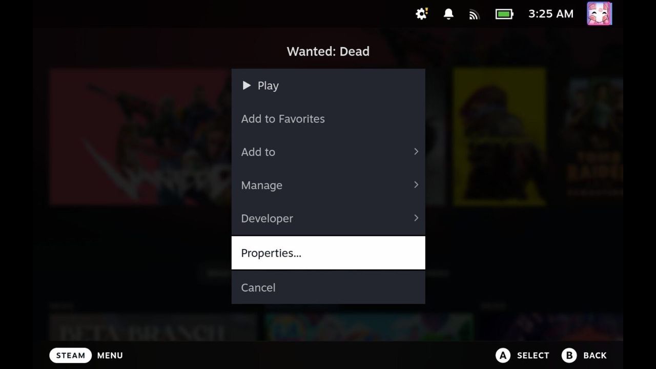 Steam Deck menu settings for Wanted: Dead